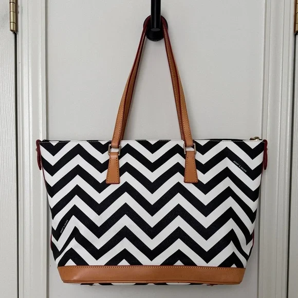 Dooney & Bourke Chevron Tote - Black and White with Tan Leather Trim - Picture 3 of 13